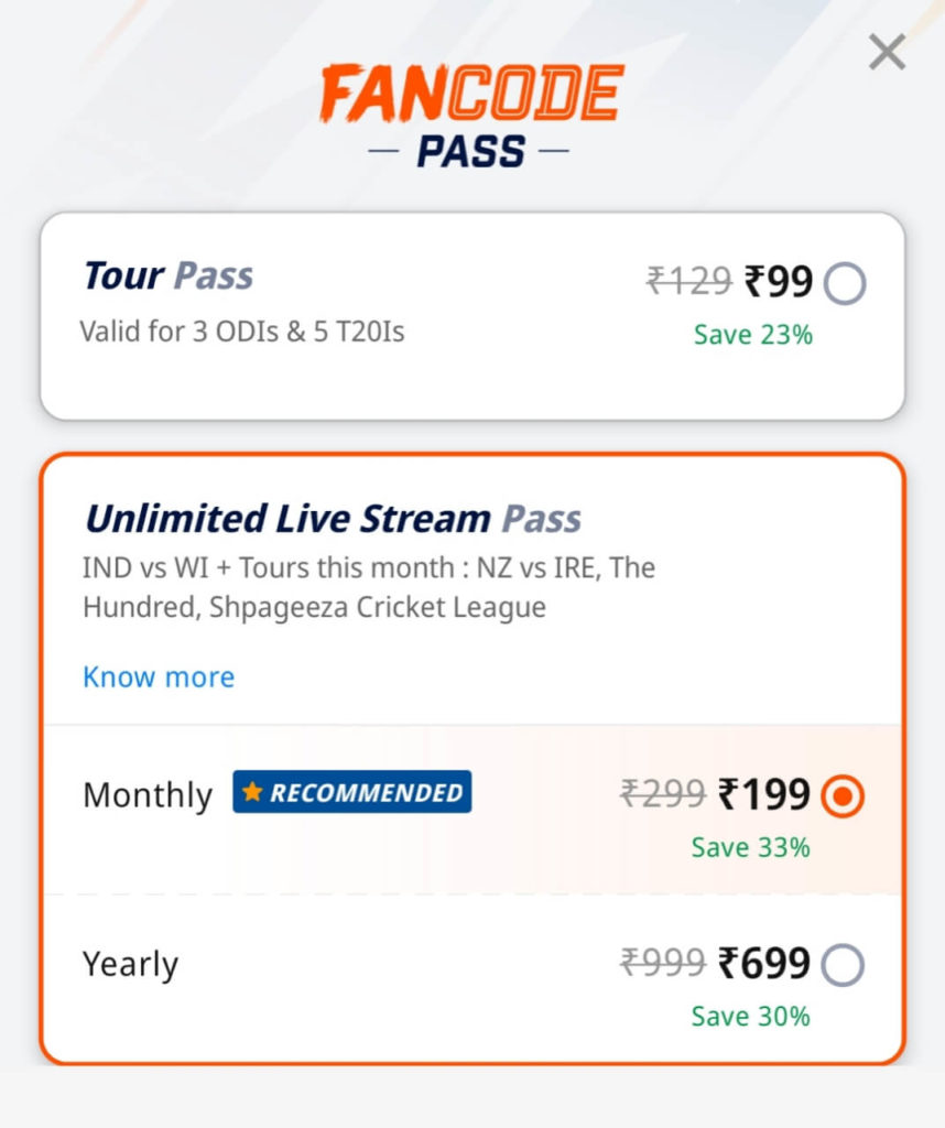 fancode subscription plans