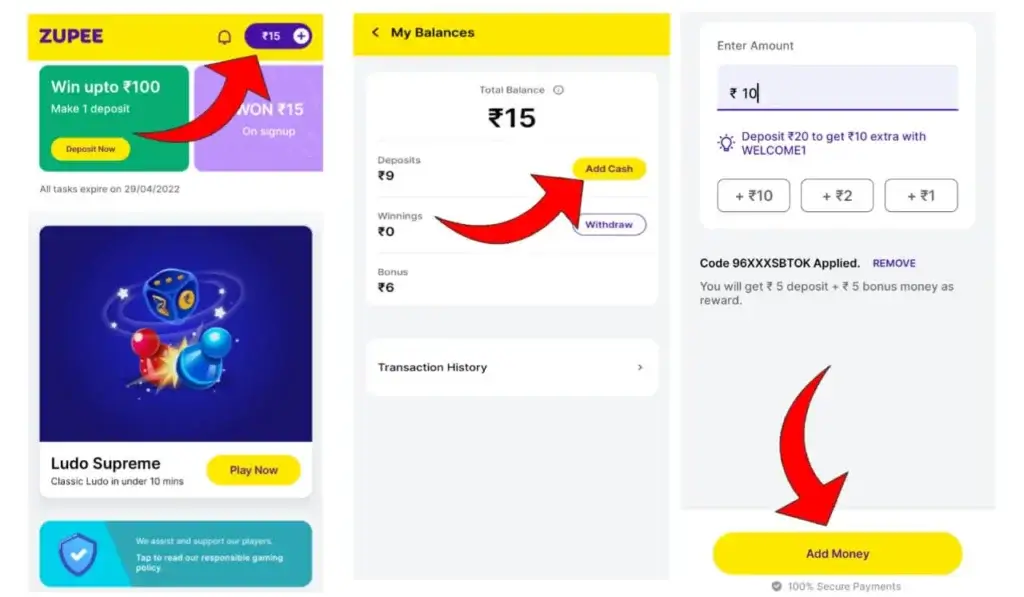How to add money to Zupee zupee gold app add money